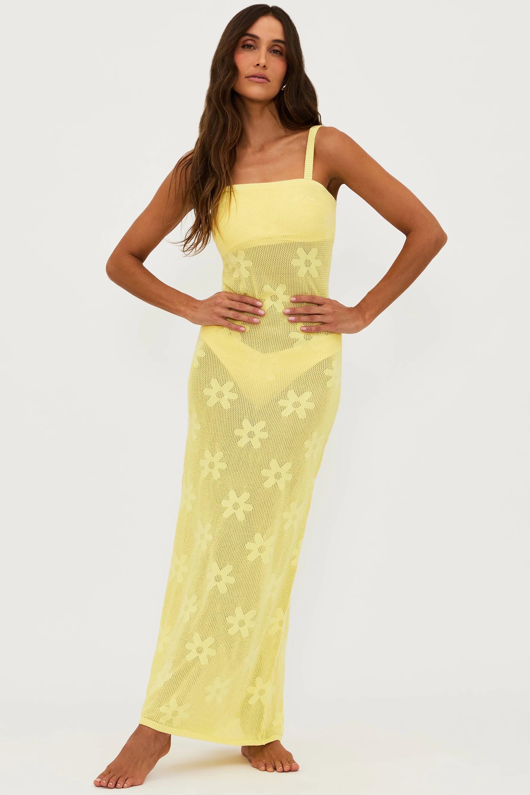 Sheer floral pattern coverup dress in yellow