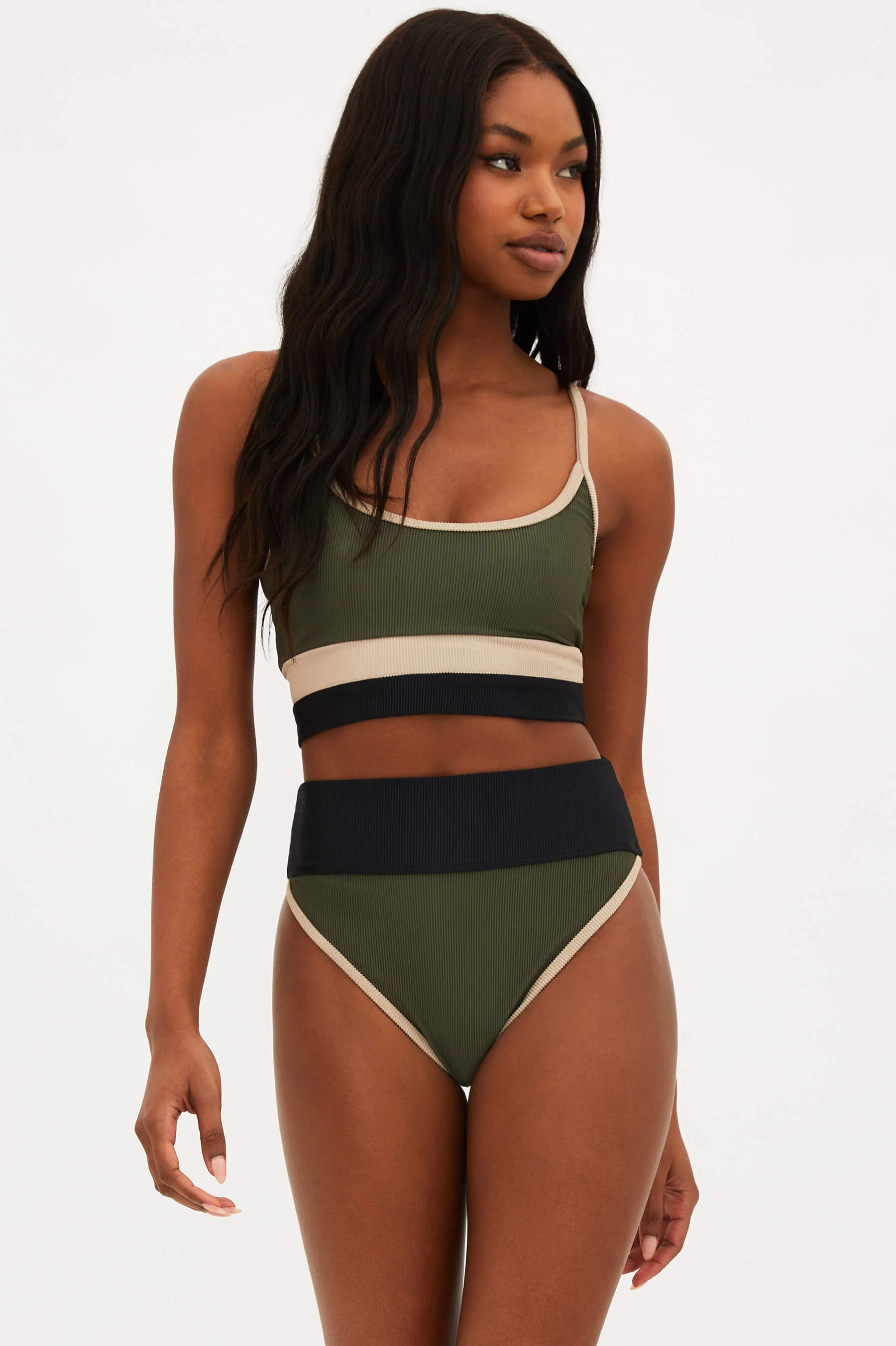 High Waist Ribbed Color Block Bottom