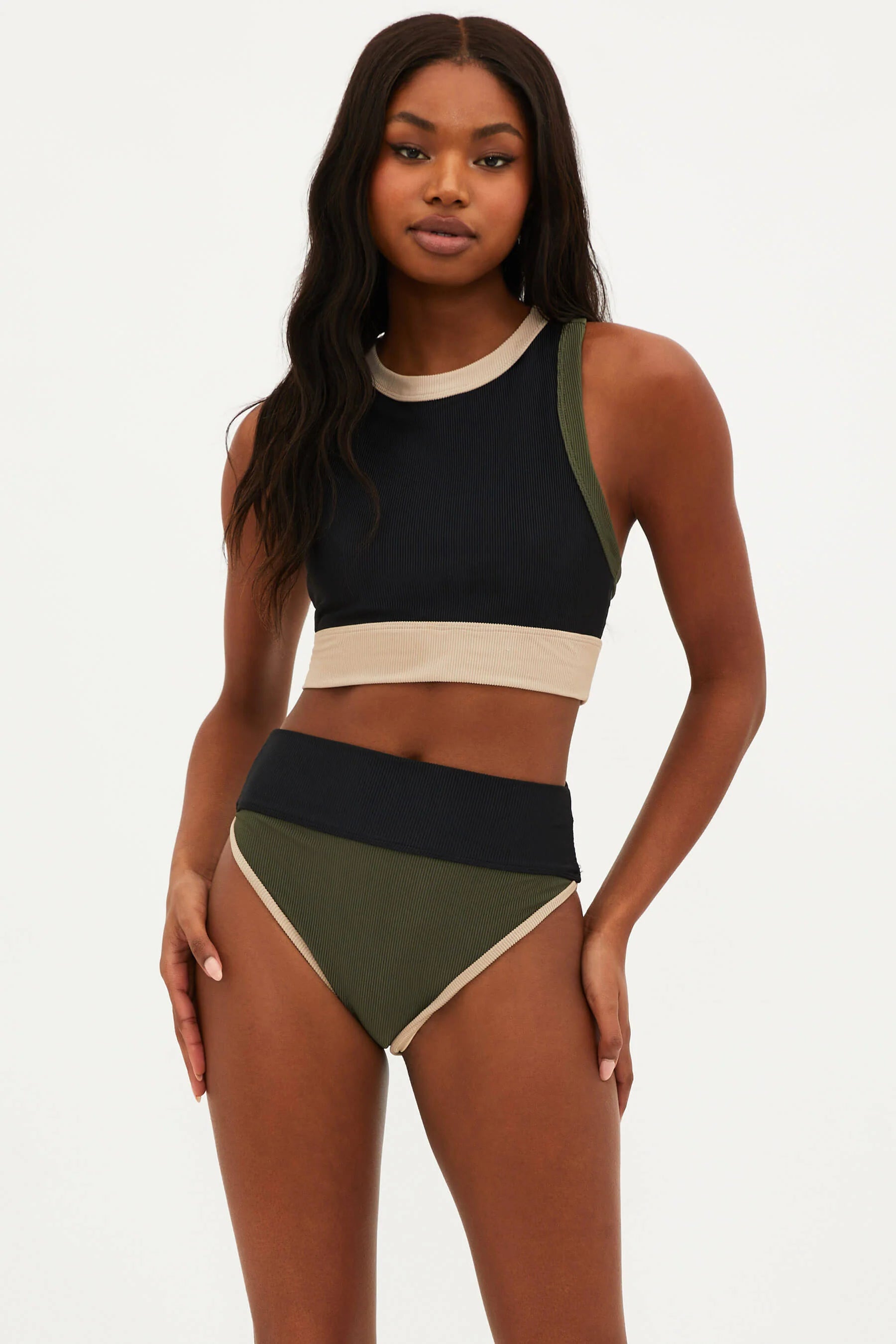 High Waist Ribbed Color Block Bottom