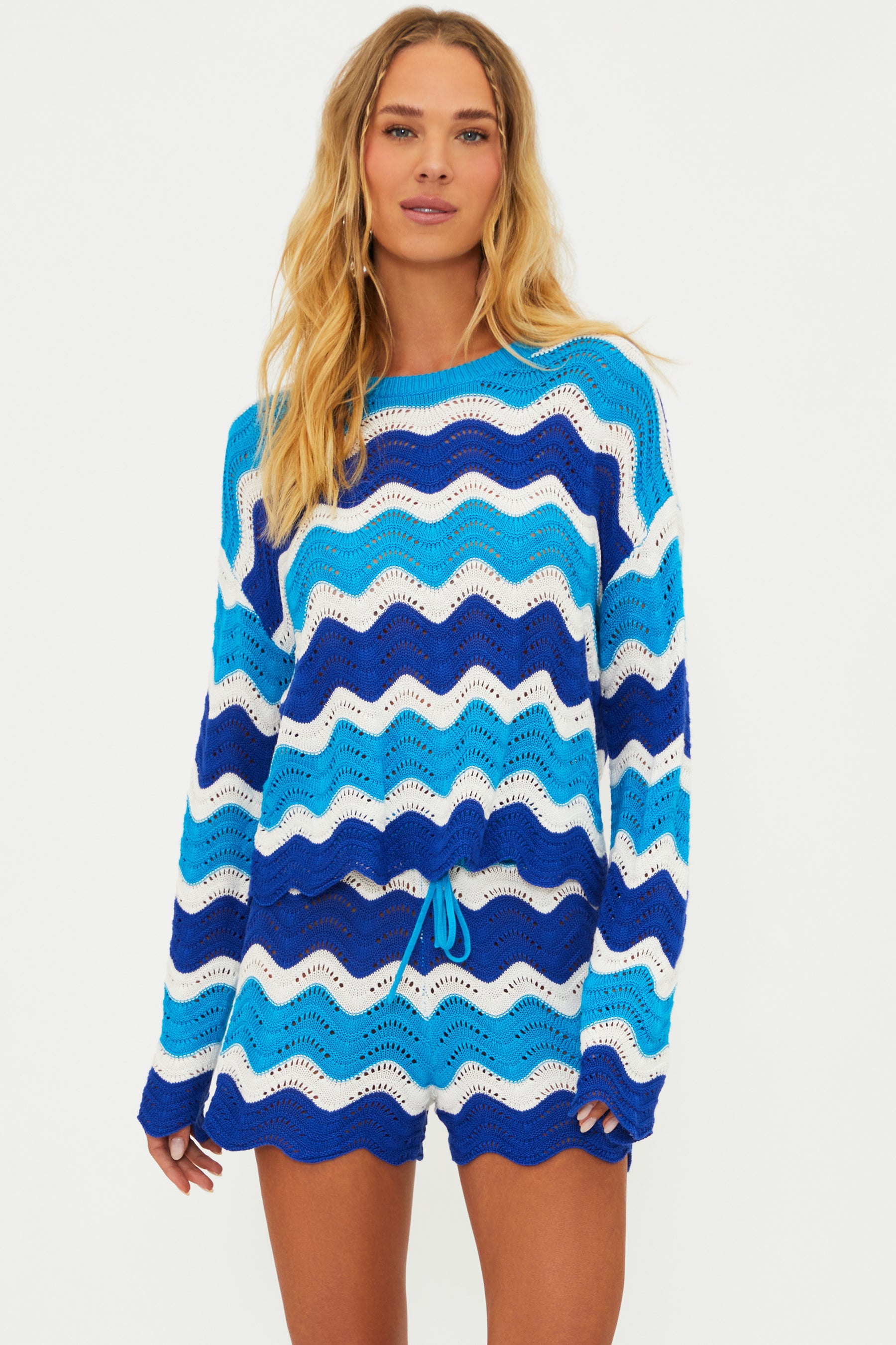 Open knit sweater with colorful wavy stripes