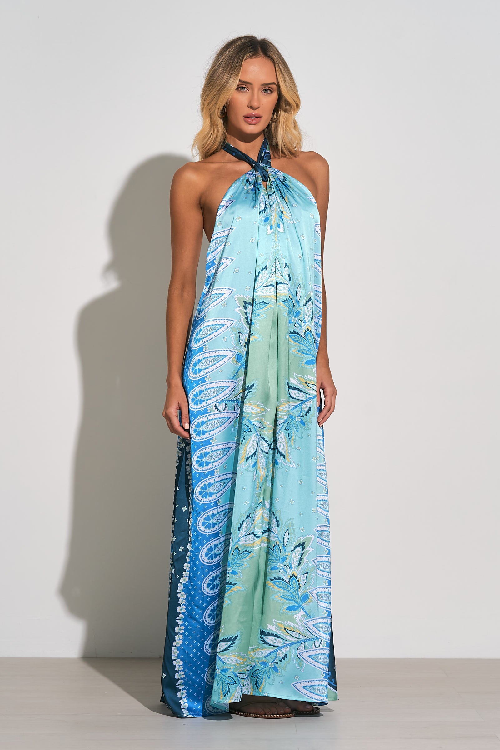 Blue And Green Print Halter Dress