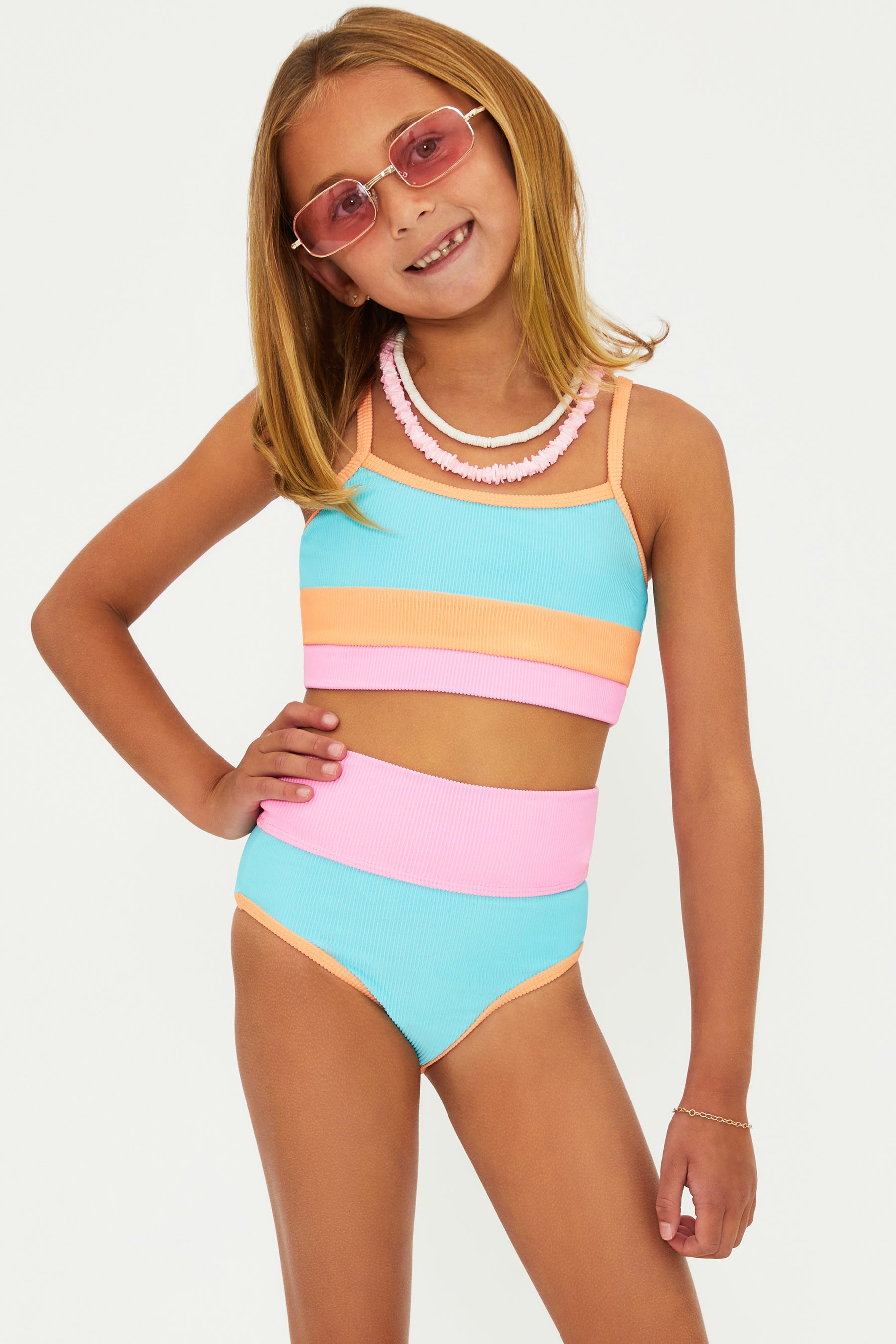 Girls two piece with high waist bottom and adjustable shoulder straps in bright color block