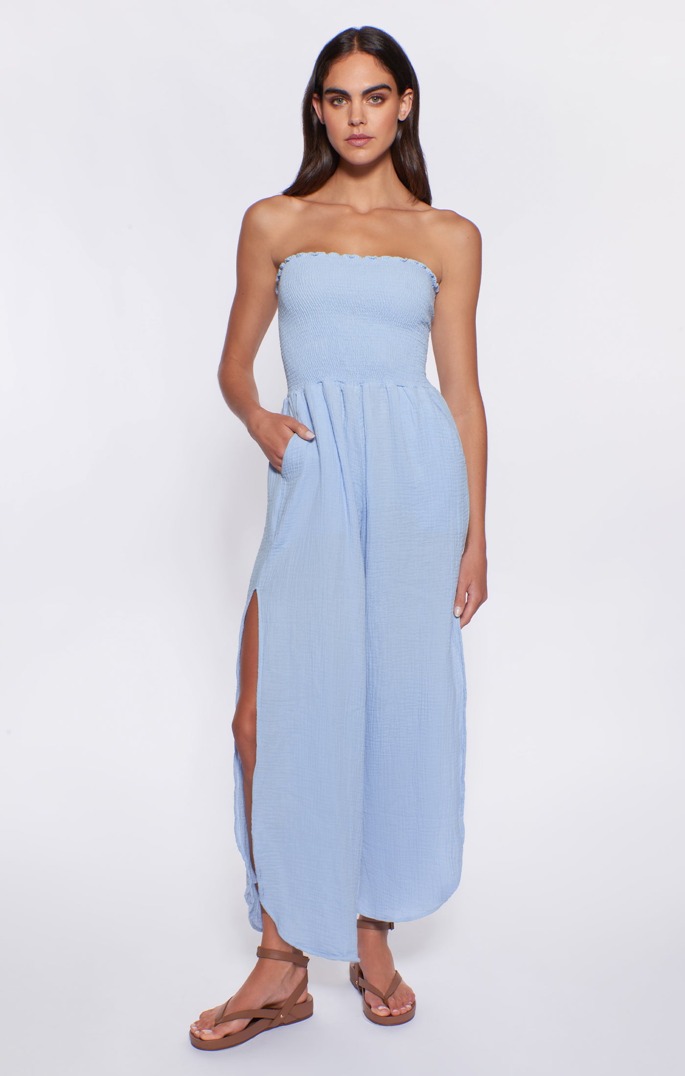 Strapless cotton jumpsuit with smocking on top in light blue