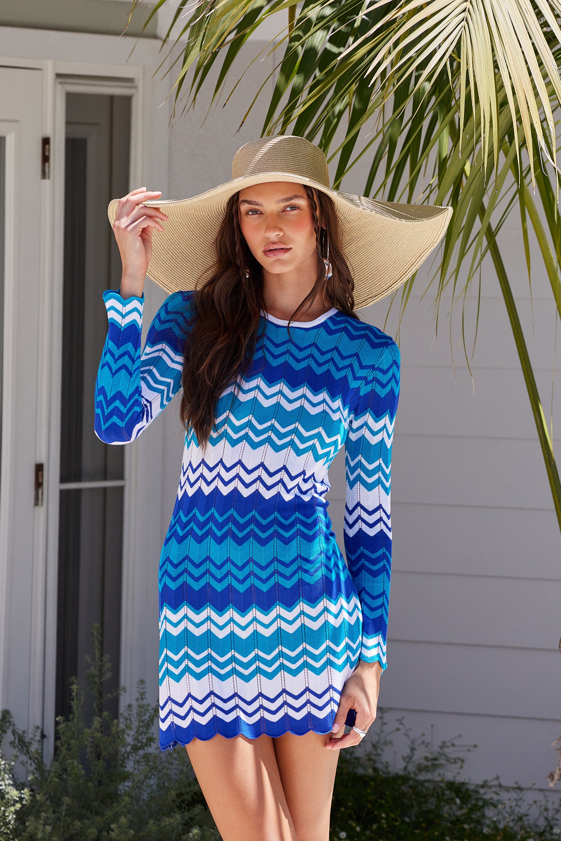 Long sleeve knit mini dress in wavy stripe print