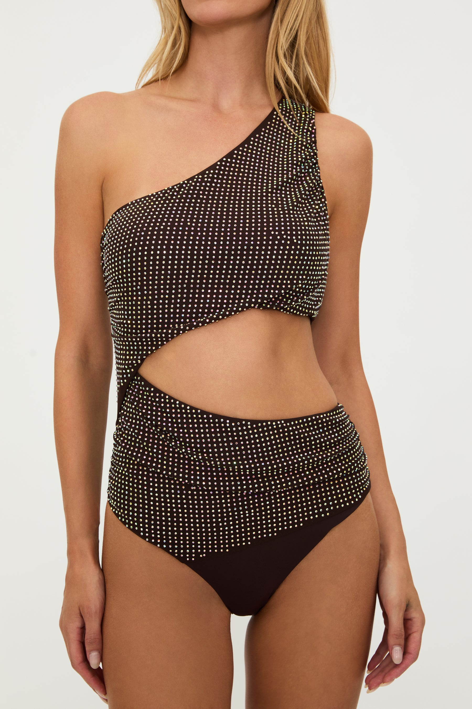 One shoulder asymmetrical one piece with side cutout in brown