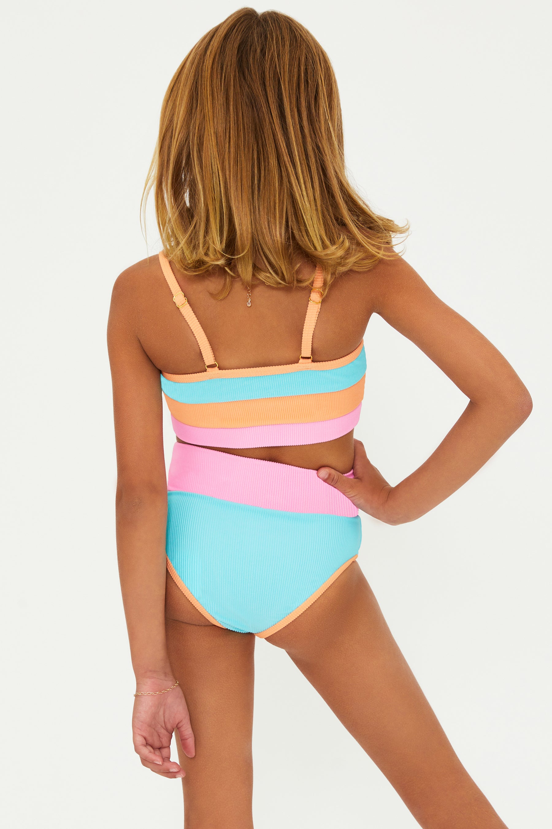 Girls two piece with high waist bottom and adjustable shoulder straps in bright color block