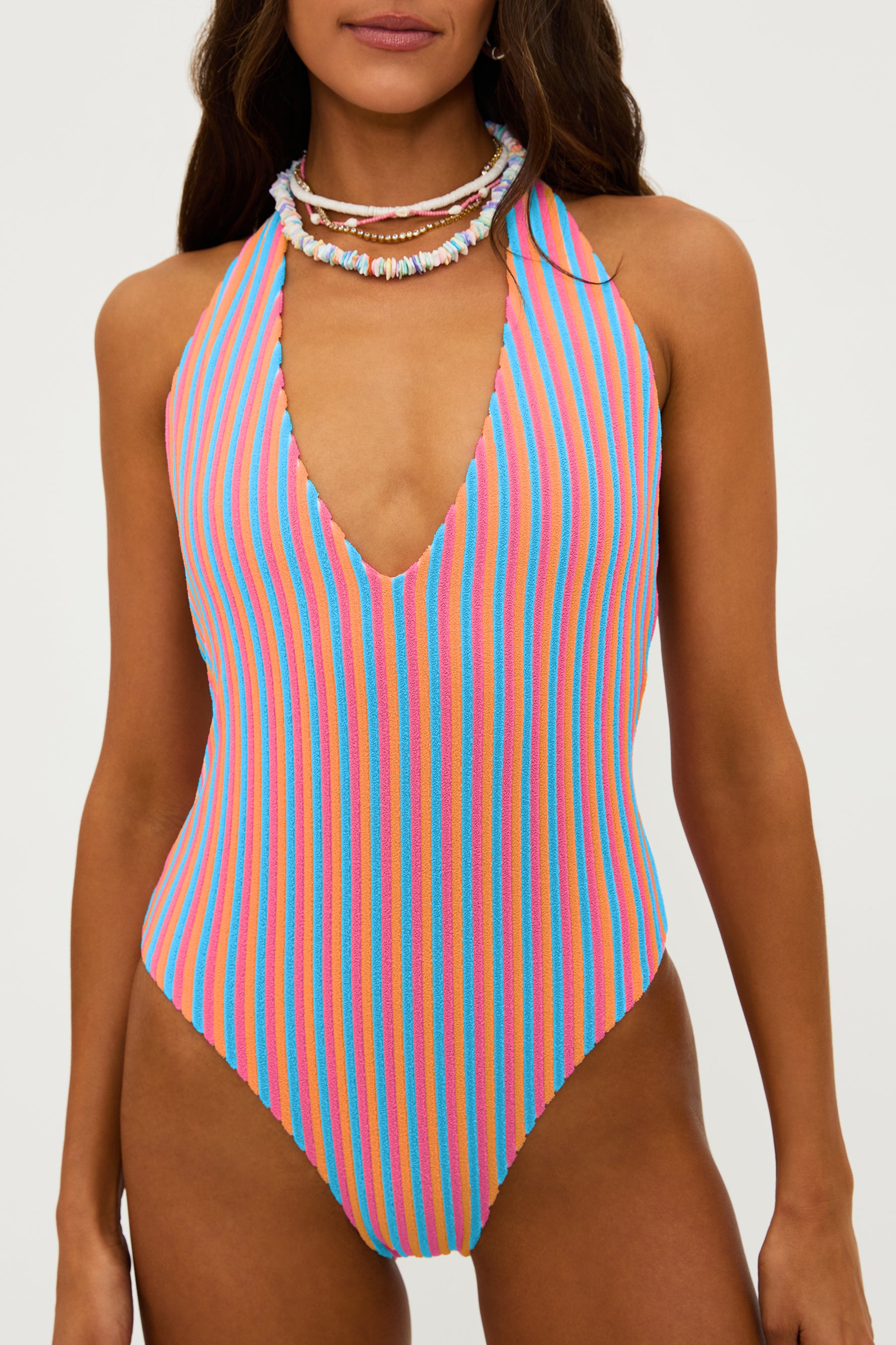 Halter one piece with plunging neckline in multicolor stripe