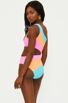 Bright multicolor one piece with an asymmetrical design featuring one shoulder strap and a side cutout