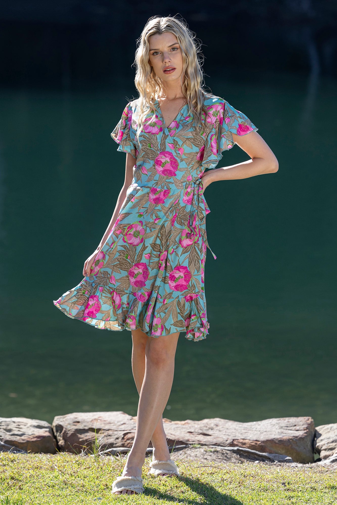 Short wrap dress in bright floral print.