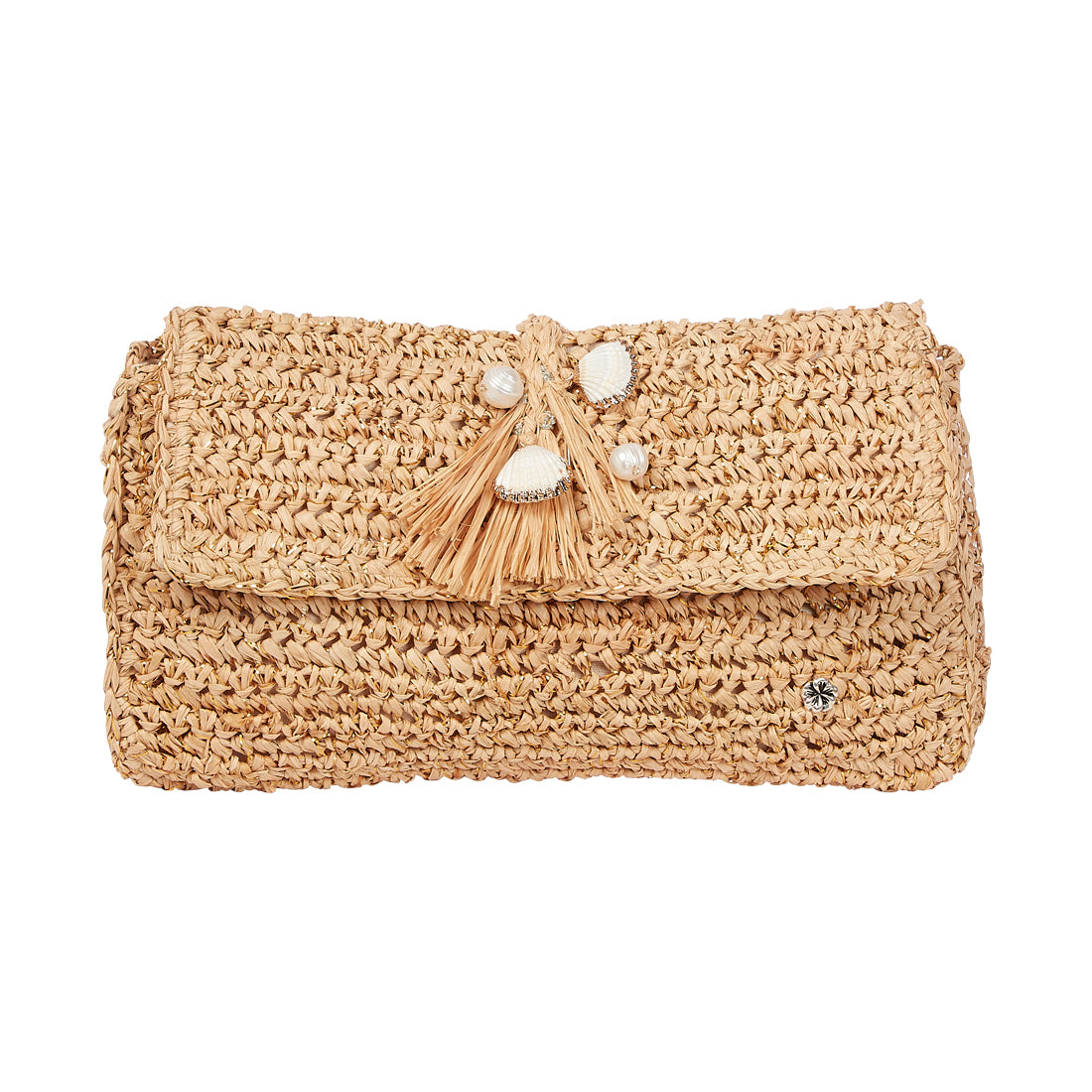 Raffia clutch with seashell adornment
