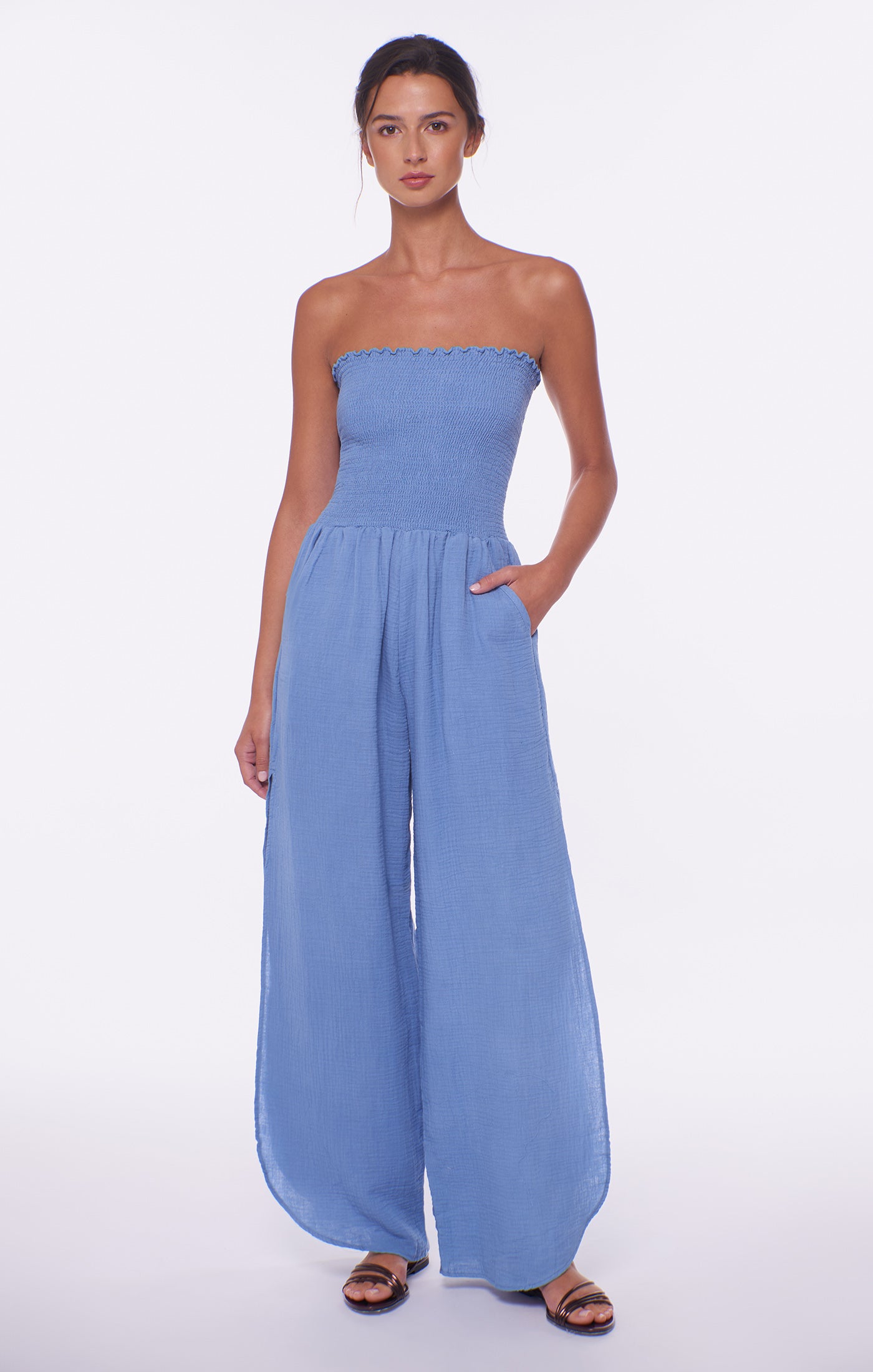 Strapless wide leg jumpsuit in light blue