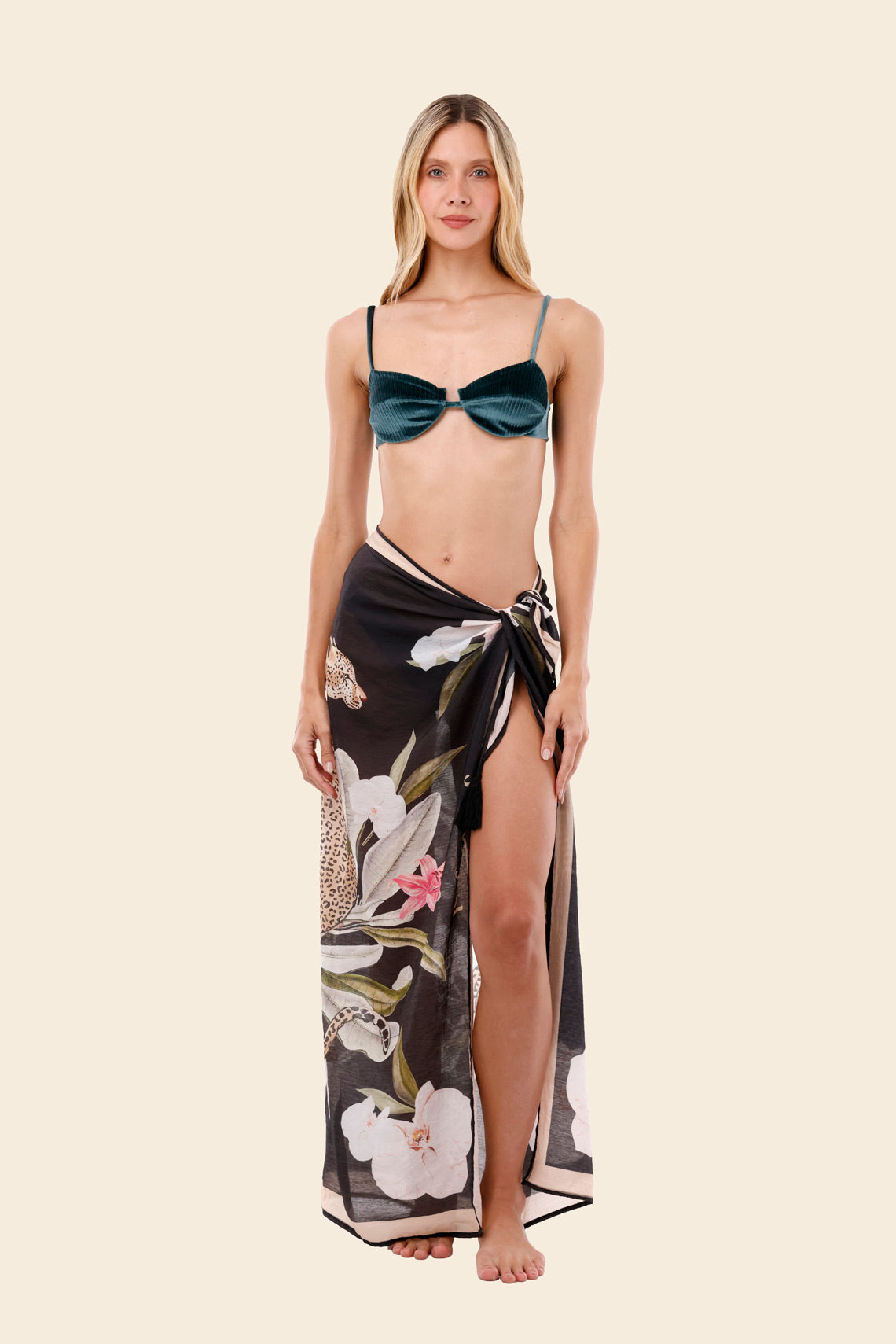 Long black tasseled sarong with floral print