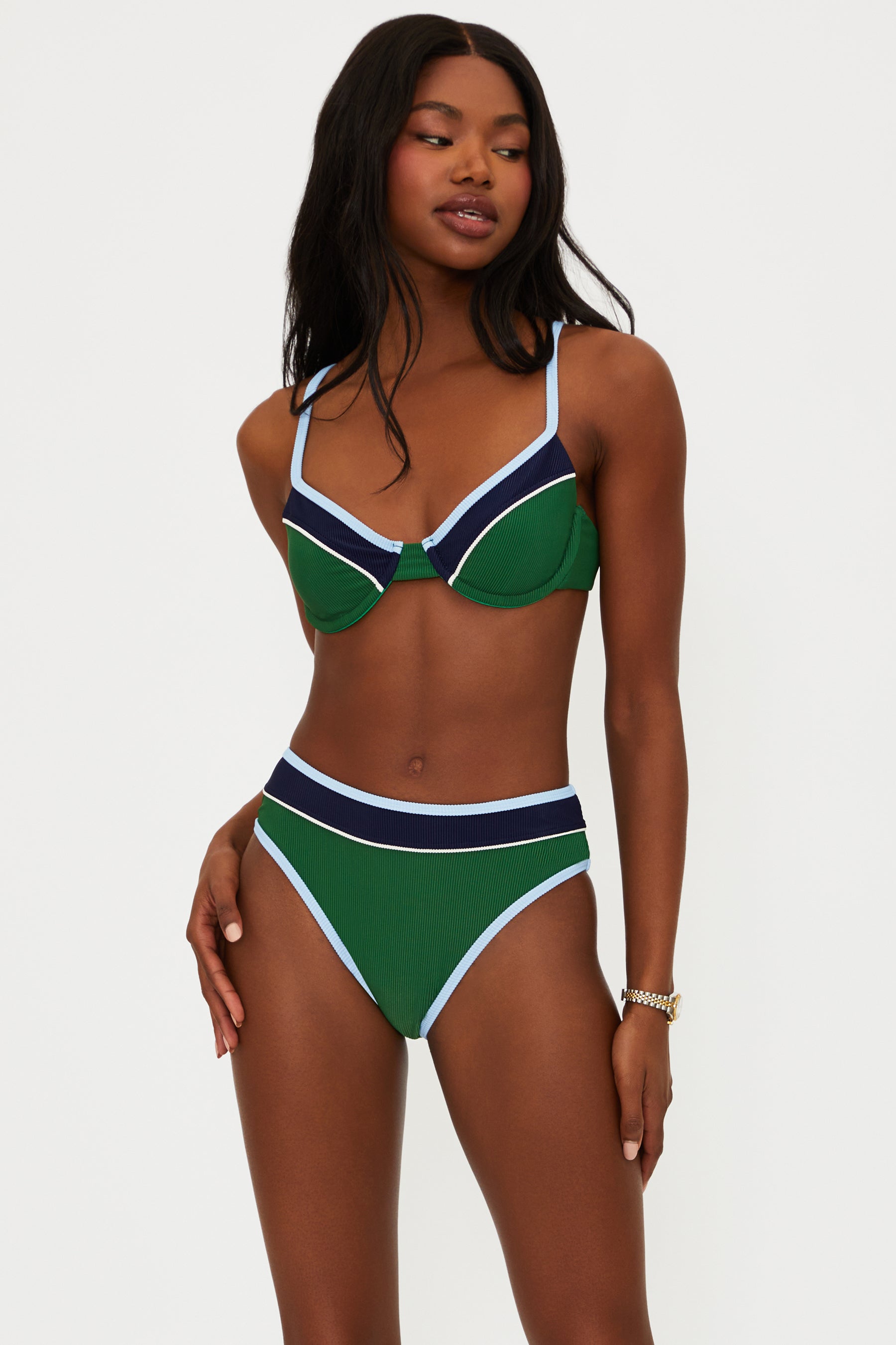Underwire top with adjustable straps and ribbed fabric in dark green with color blocking