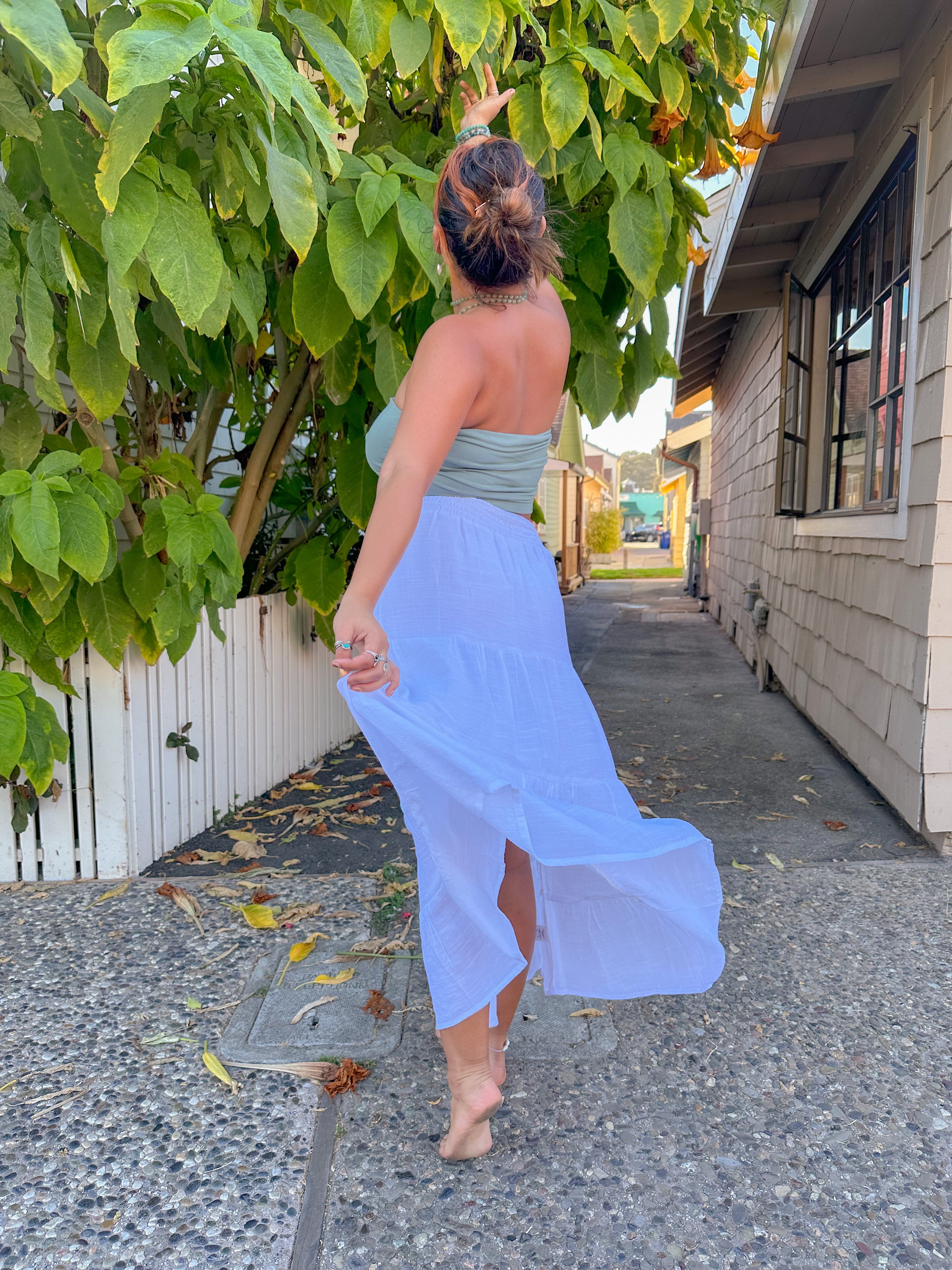 flowy white maxi skirt