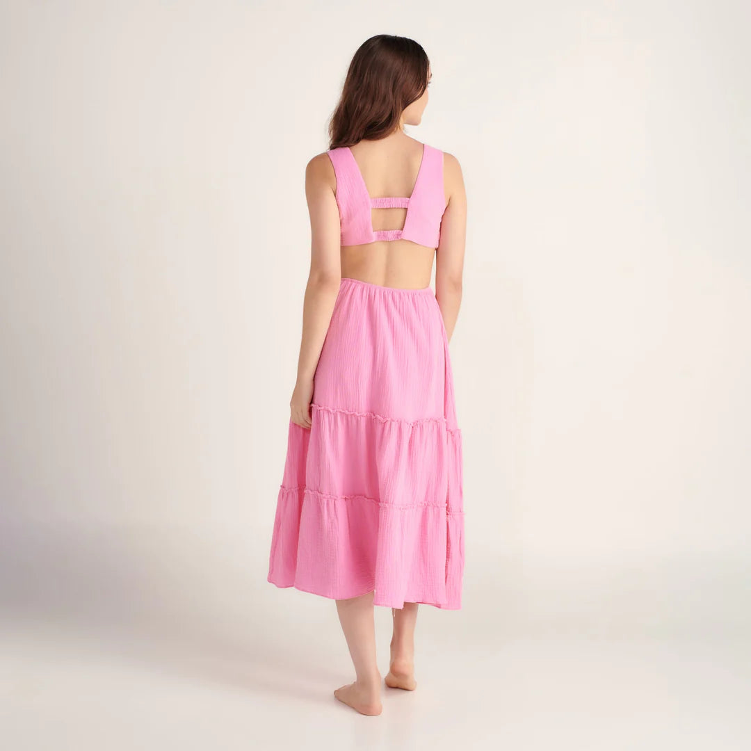 Pink Tiered Cotton Midi Dress