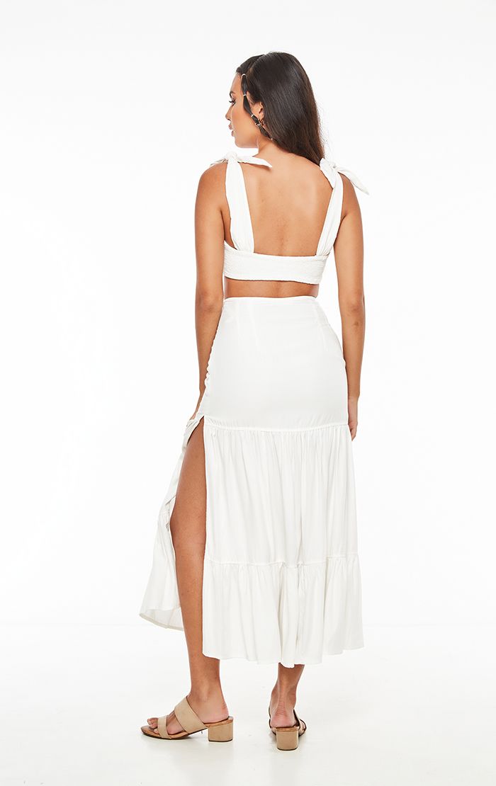 Smocked Back Tie Shoulder Ivory Top