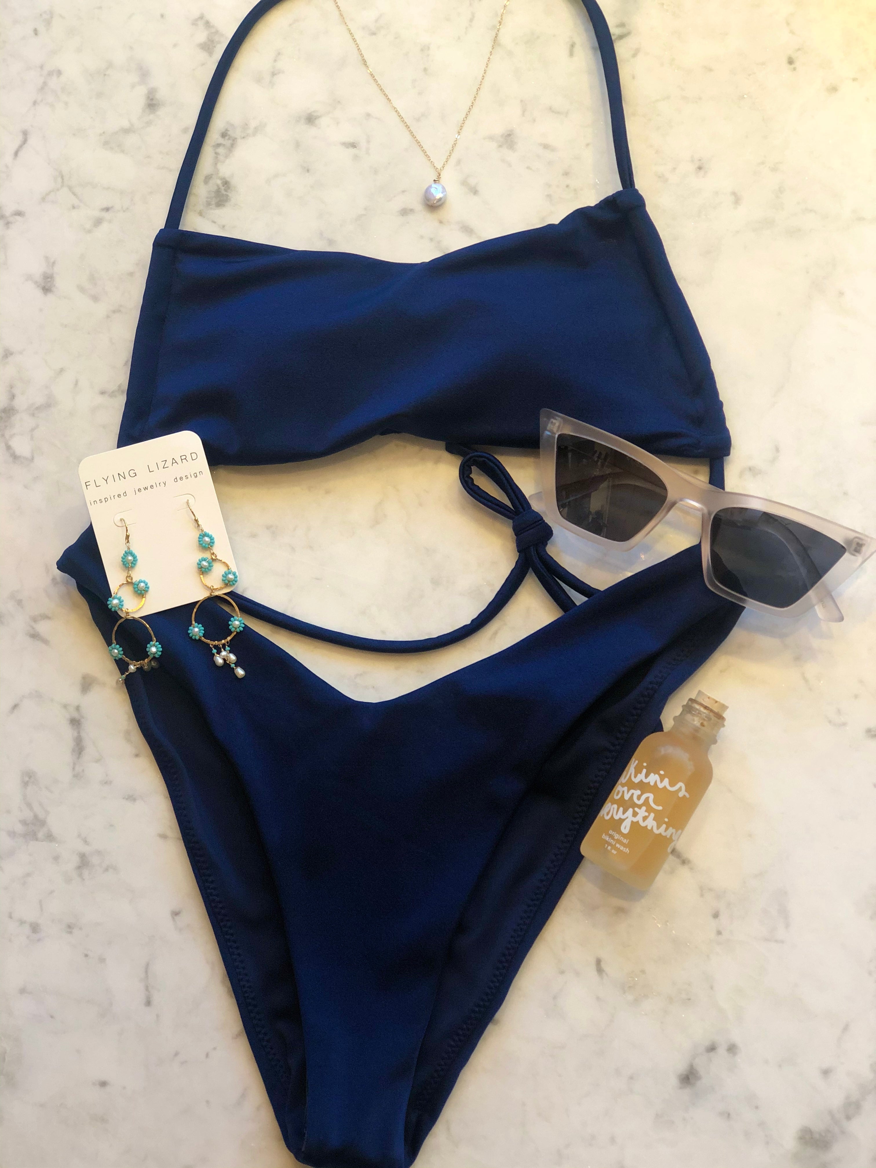 Navy blue scoop neck bikini top with matching bottoms