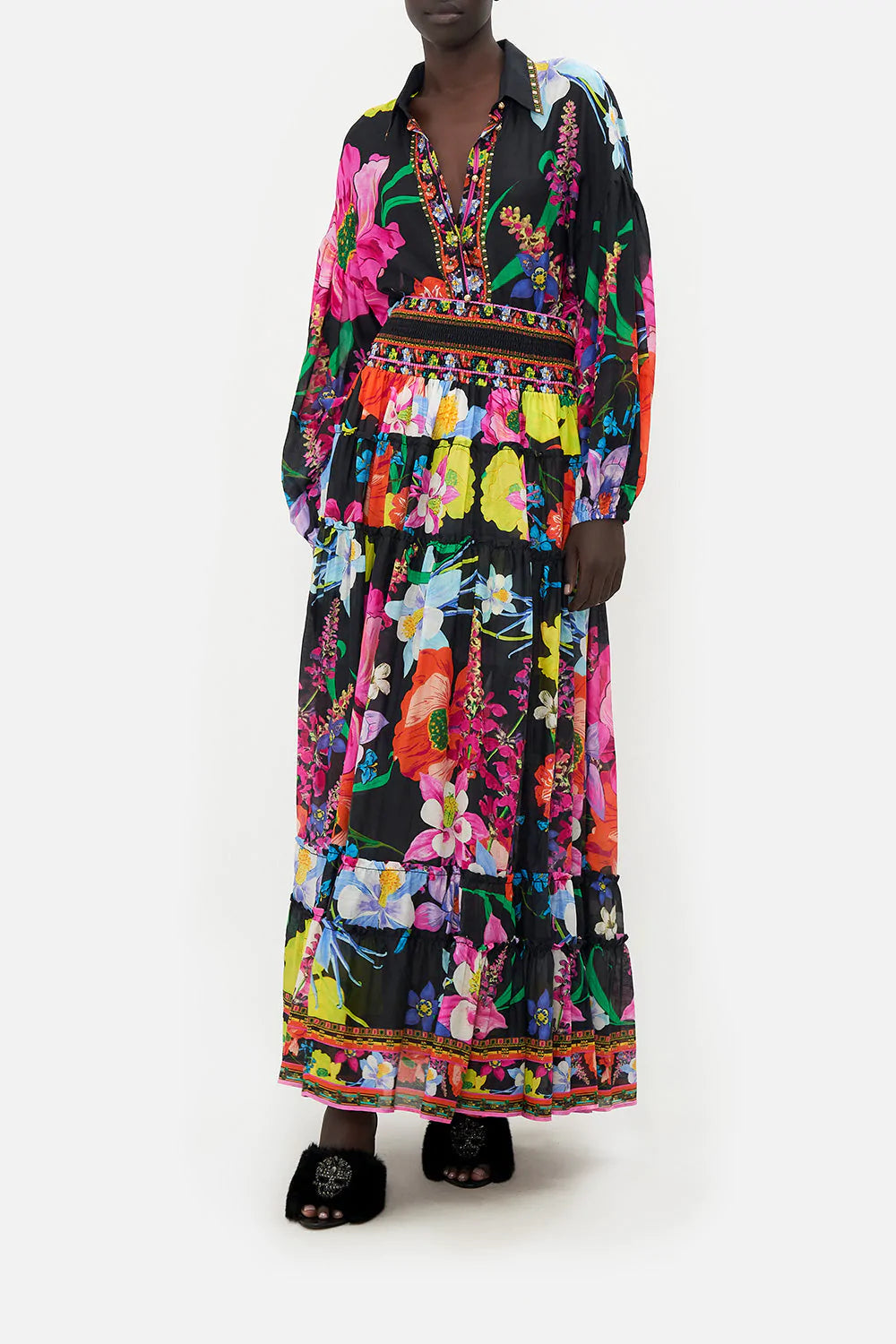 Bright Floral Print Tiered Skirt