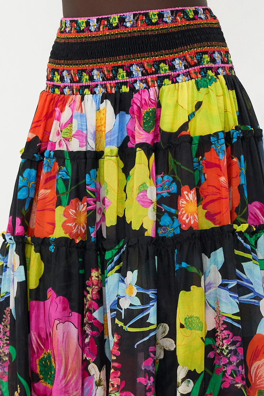 Bright Floral Print Tiered Skirt