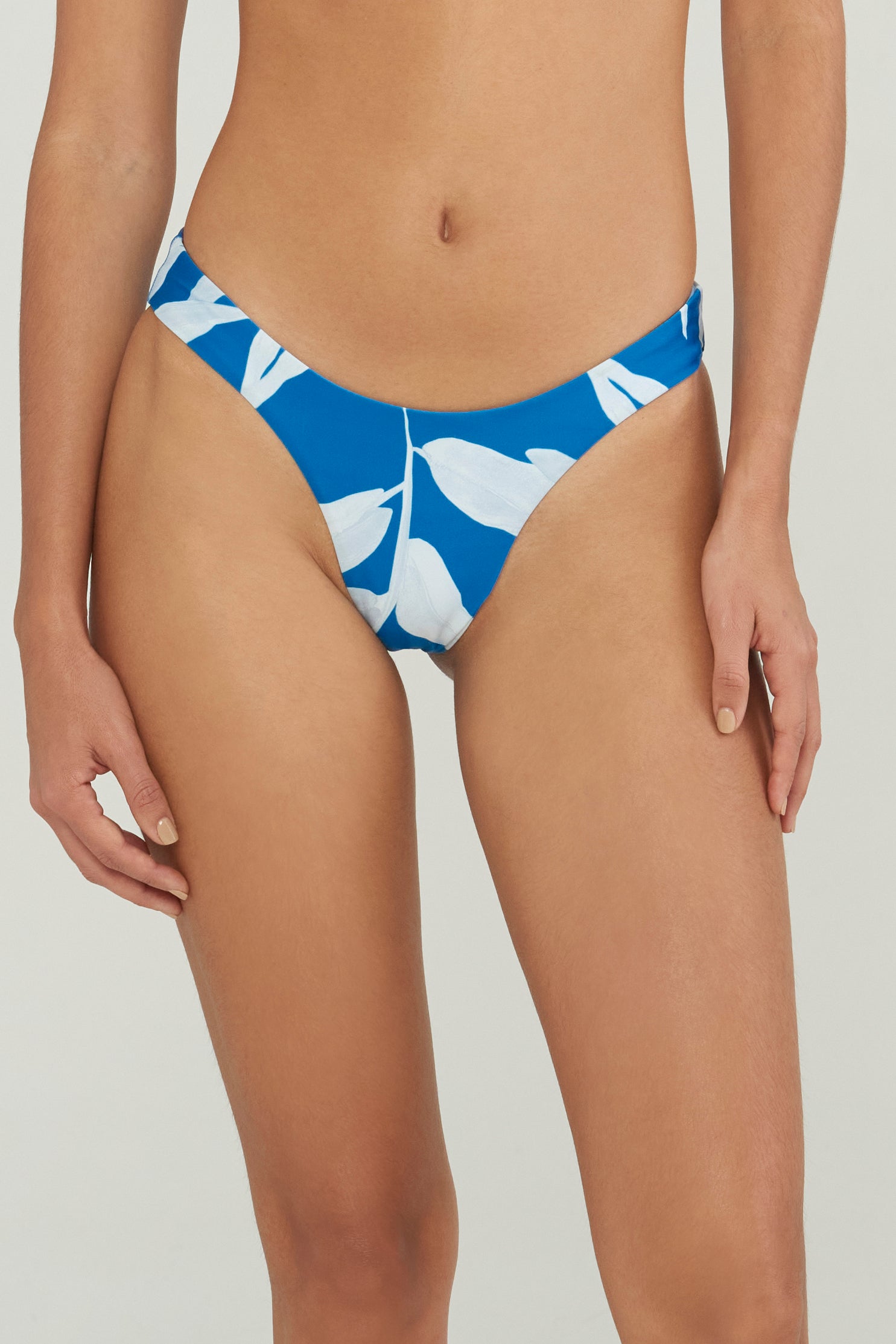 blue and white leaf print bikini bottoms