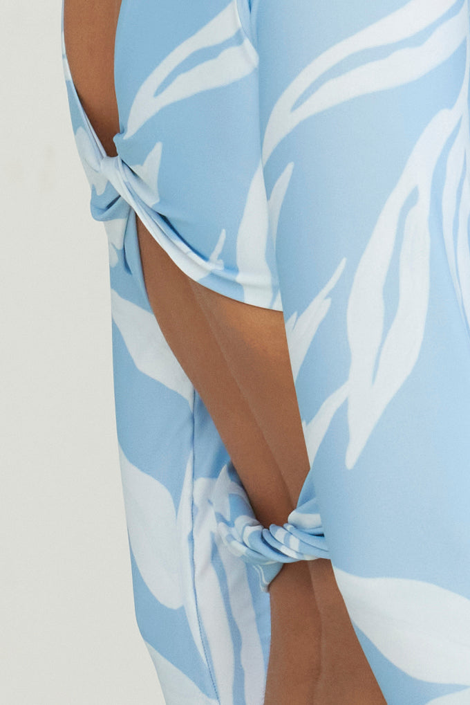 blue and white long sleeve swimsuit crop top