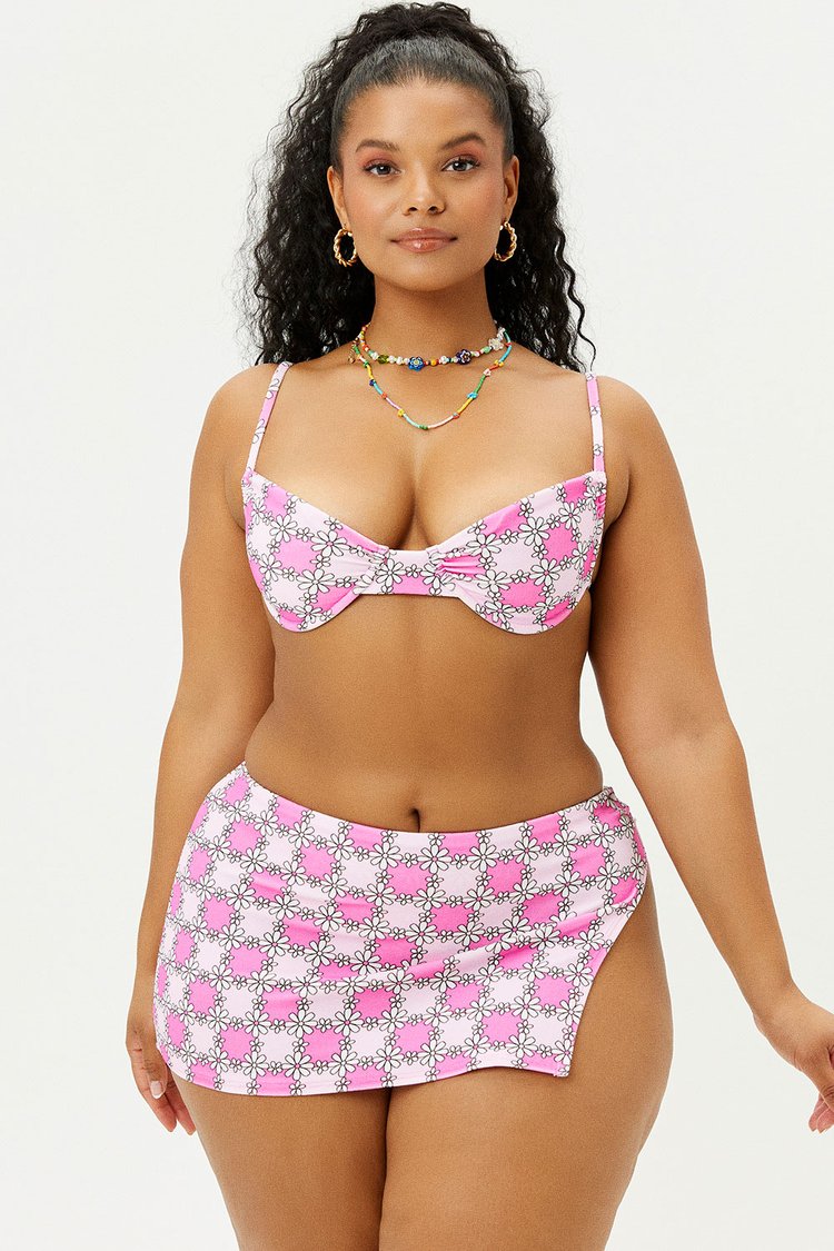 Pink Floral Print Terry Bandeau Bikini Top