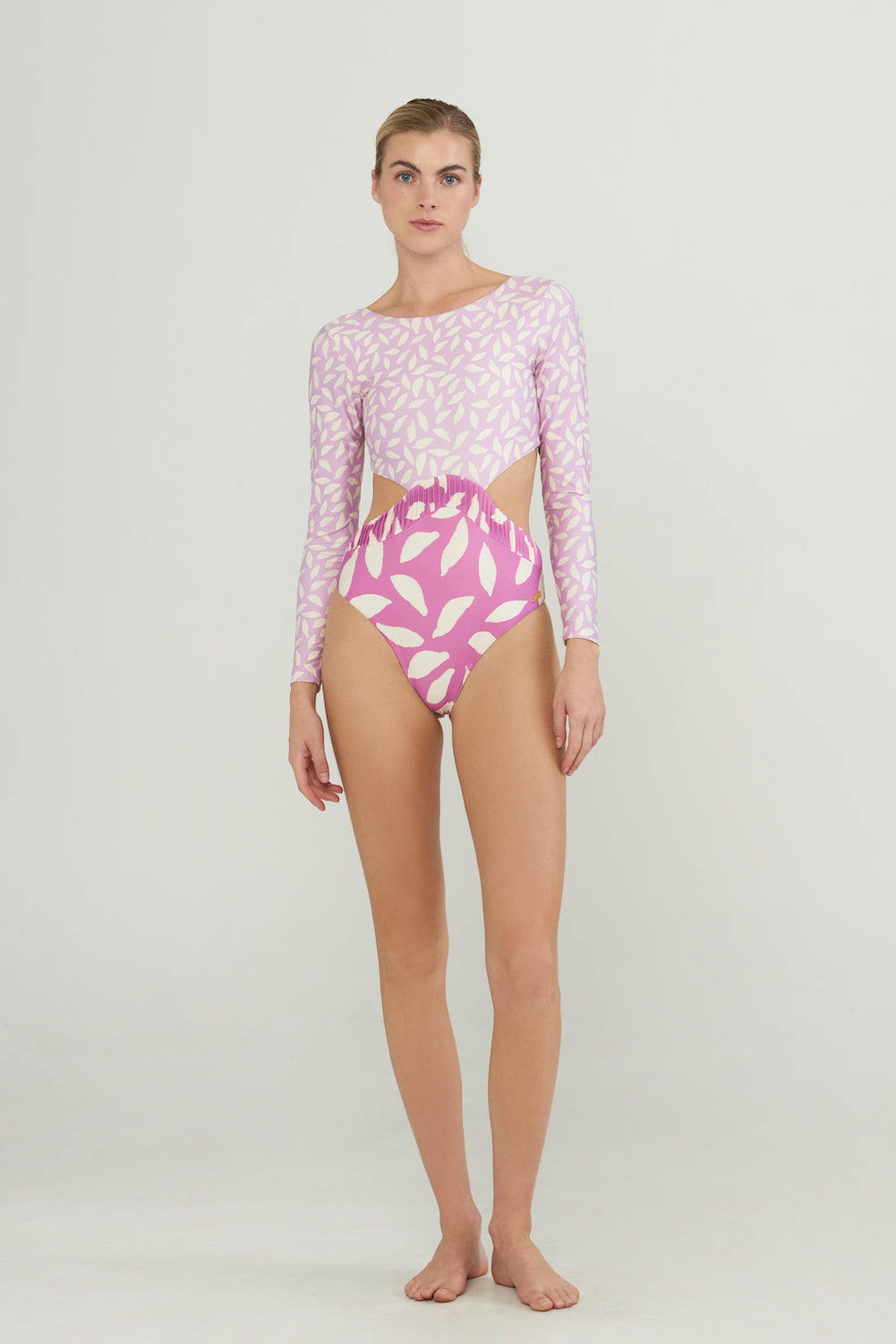 abstract long sleeve leaf print two tone long sleeve pink one piece