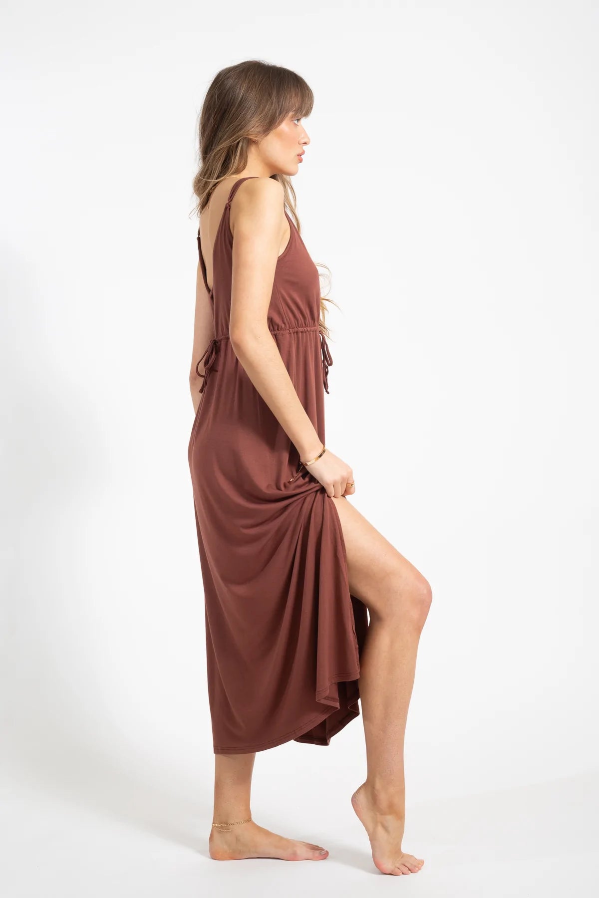 Brown Plunging V-Neck Midi Dress