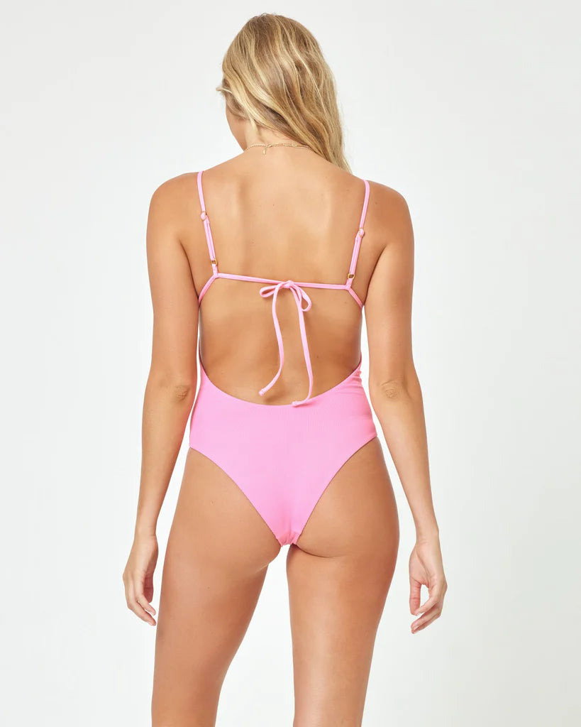 Pink Ribbed Open Back One Piece