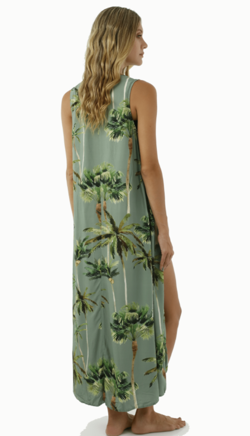 Palm Printed Button Up Beach Coverup Dress
