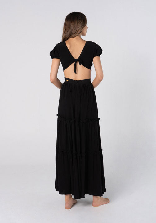 black maxi dress with ring detail and cutouts