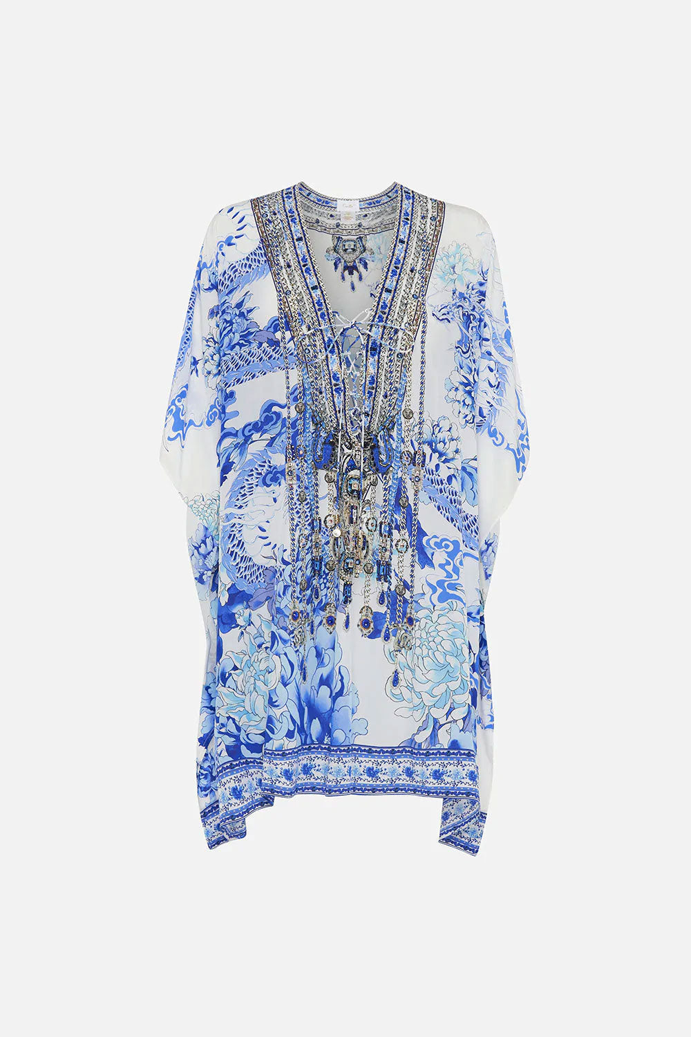 short kaftan dress with lace up center and embellishments down the front