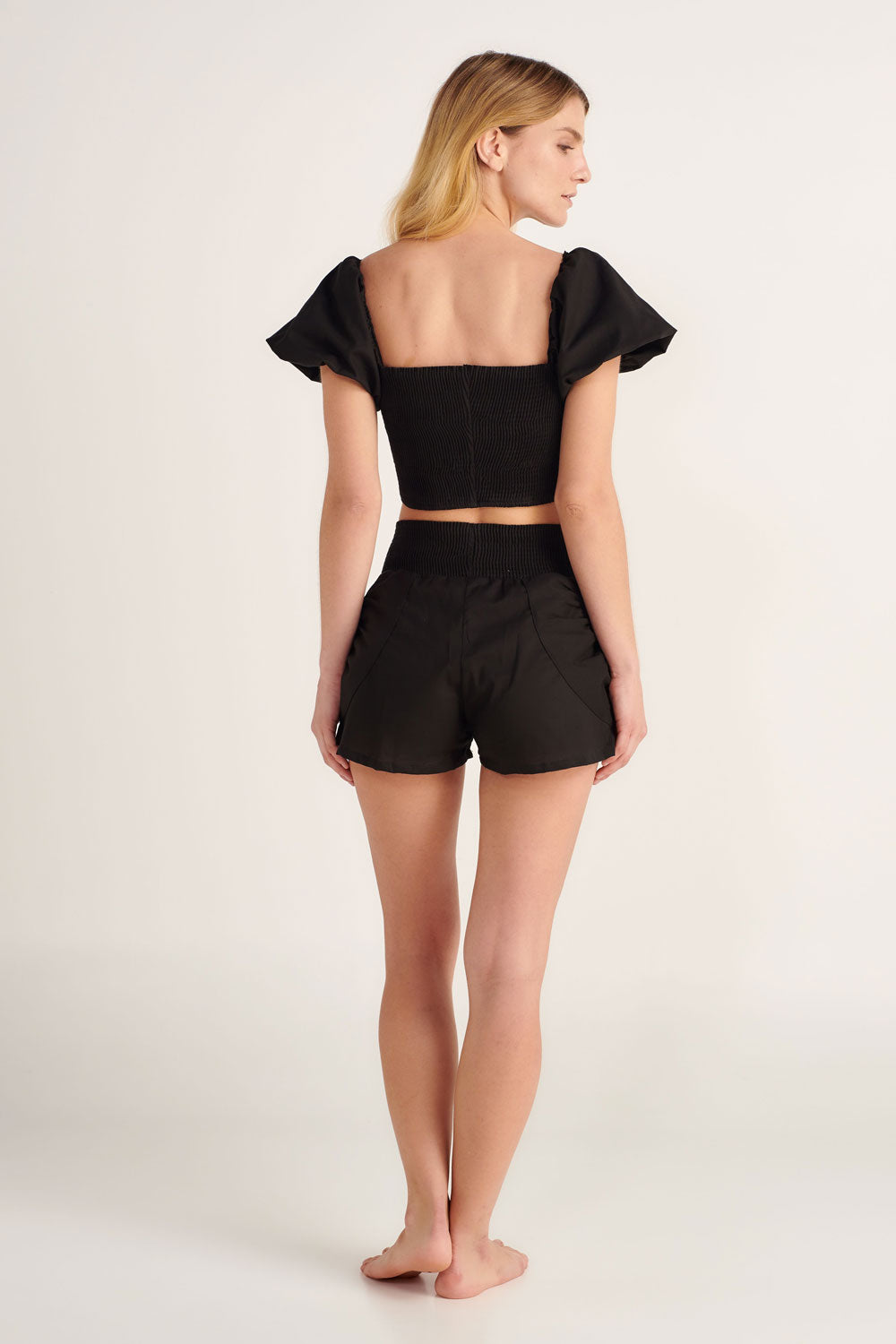 black puff sleeve crop top with matching shorts