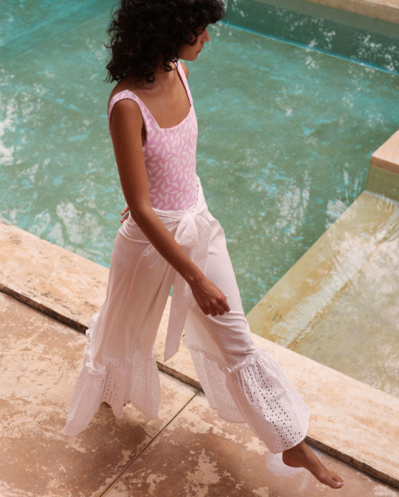 white tie front eyelet lace pants