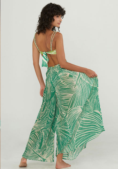 pleated green leaf print palazzo pants