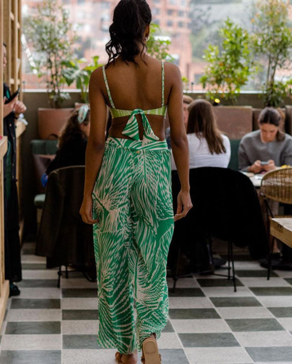 pleated green leaf print palazzo pants
