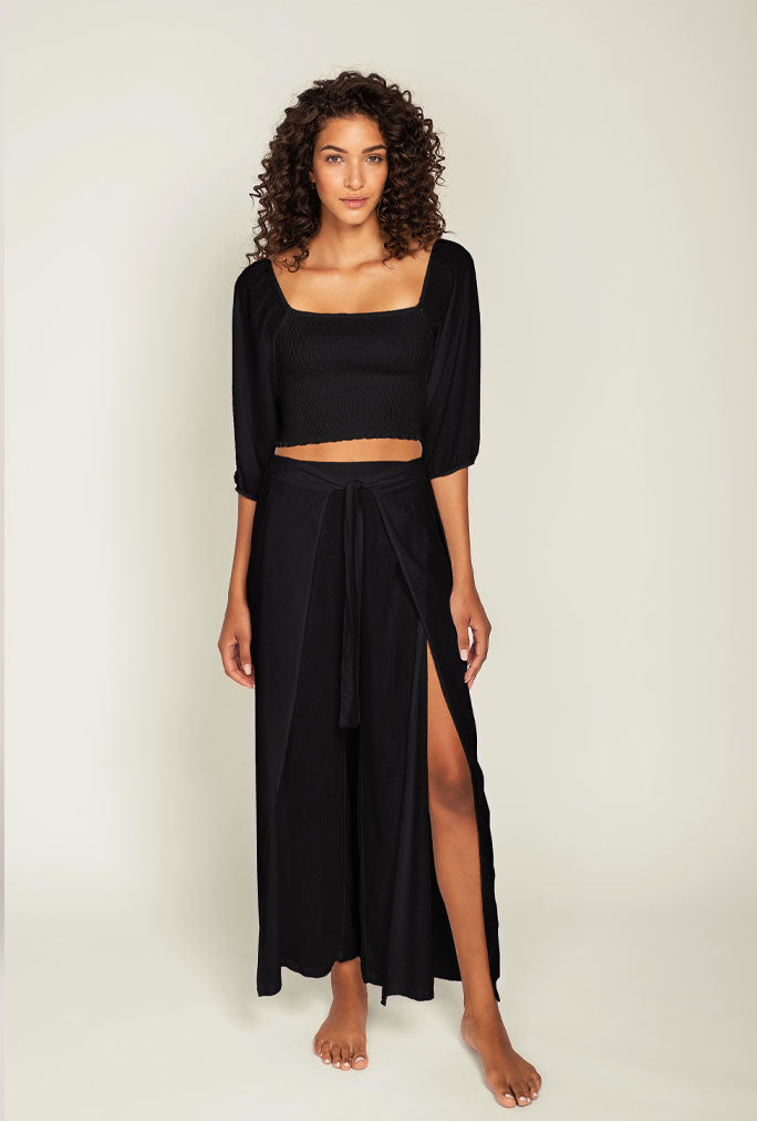 Black cotton wrap pants with side slit and tie front
