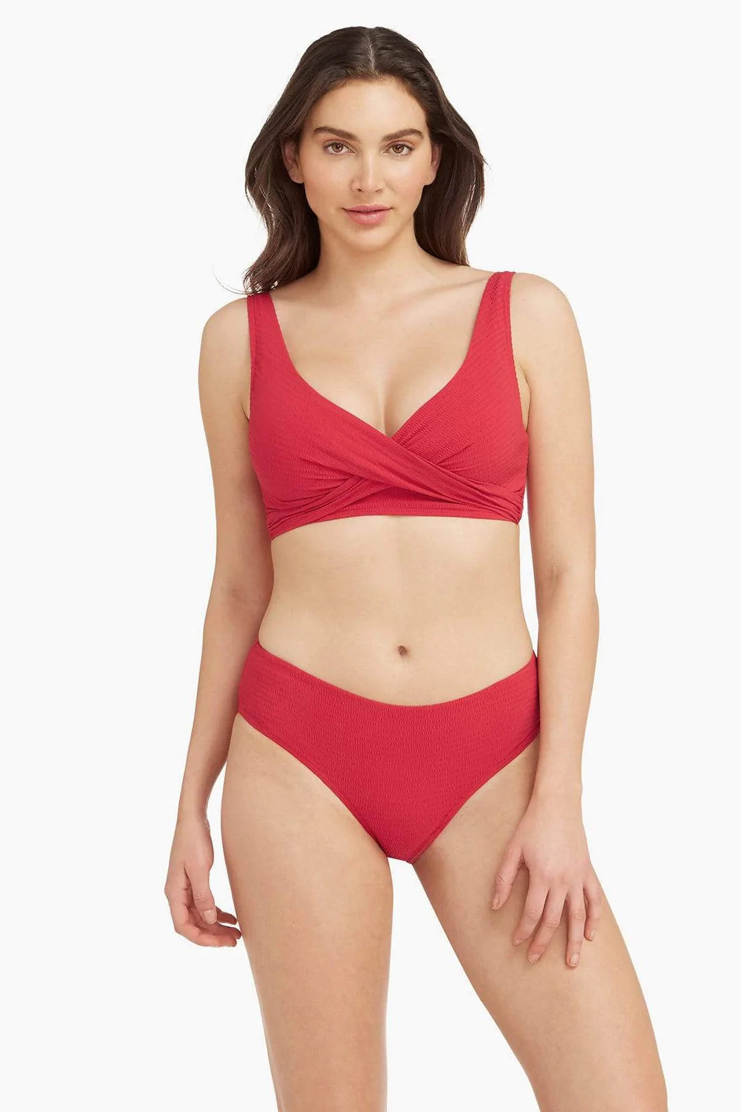 Red Textured Mid Rise Bikini Bottom