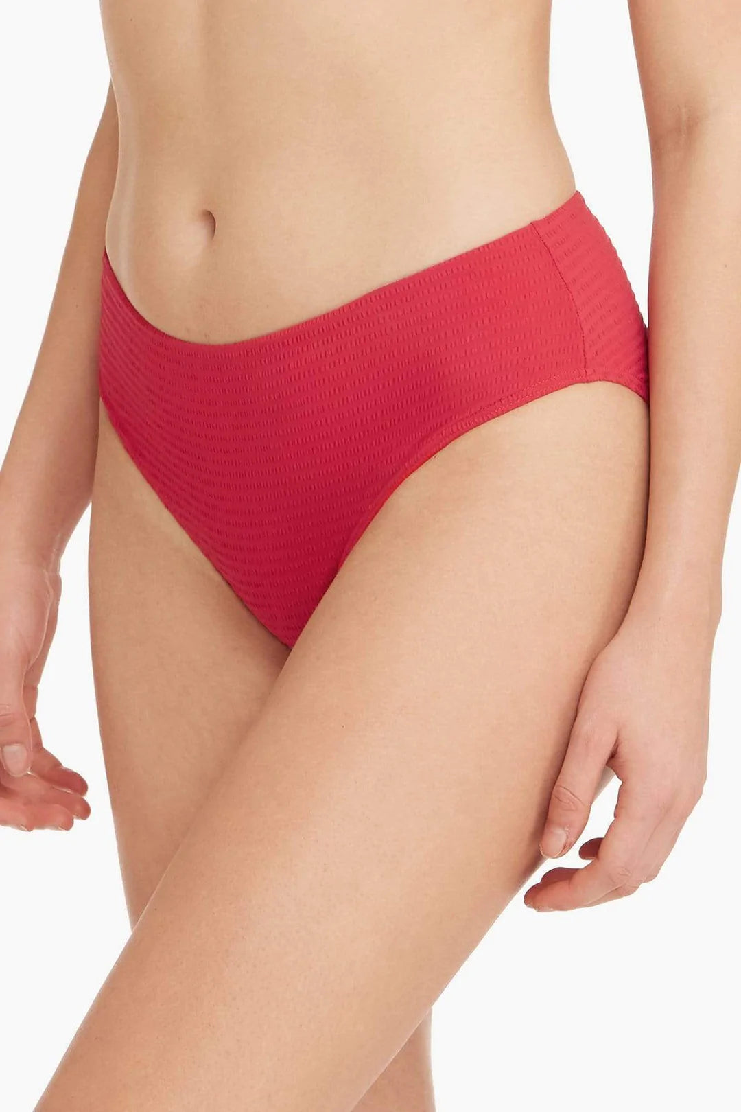 Red Textured Mid Rise Bikini Bottom