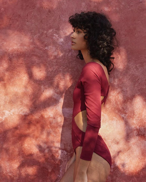ribbed long sleeve red one piece swimsuit with cutouts