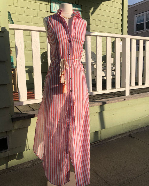 orange and purple striped button down dress on mannequin