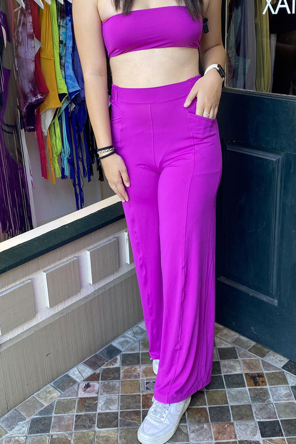bright magenta swimwear fabric wide leg pants