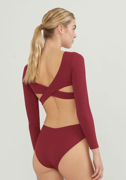 ribbed long sleeve red one piece swimsuit with cutouts