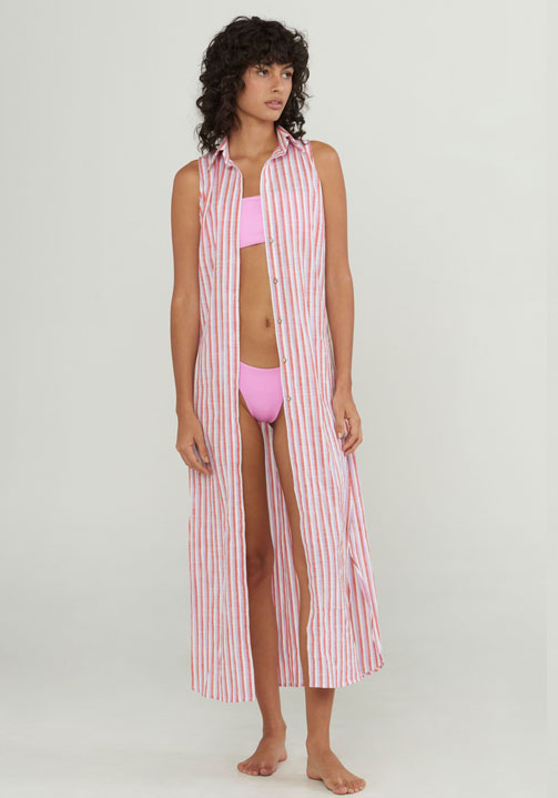 orange and purple striped button down dress on mannequin