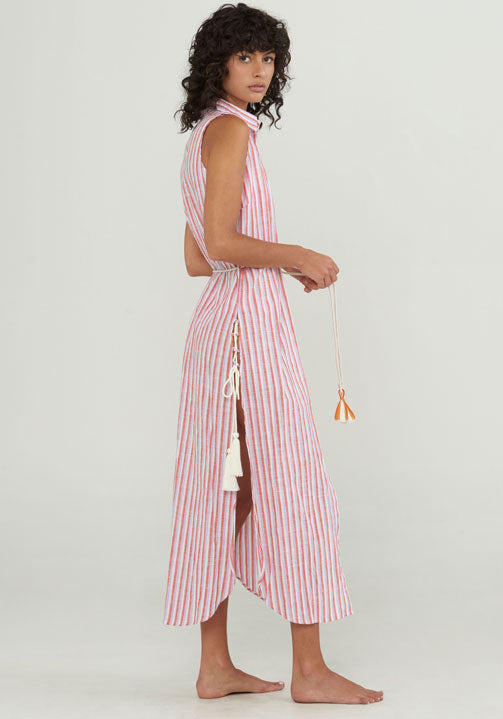 orange and purple striped button down dress on mannequin