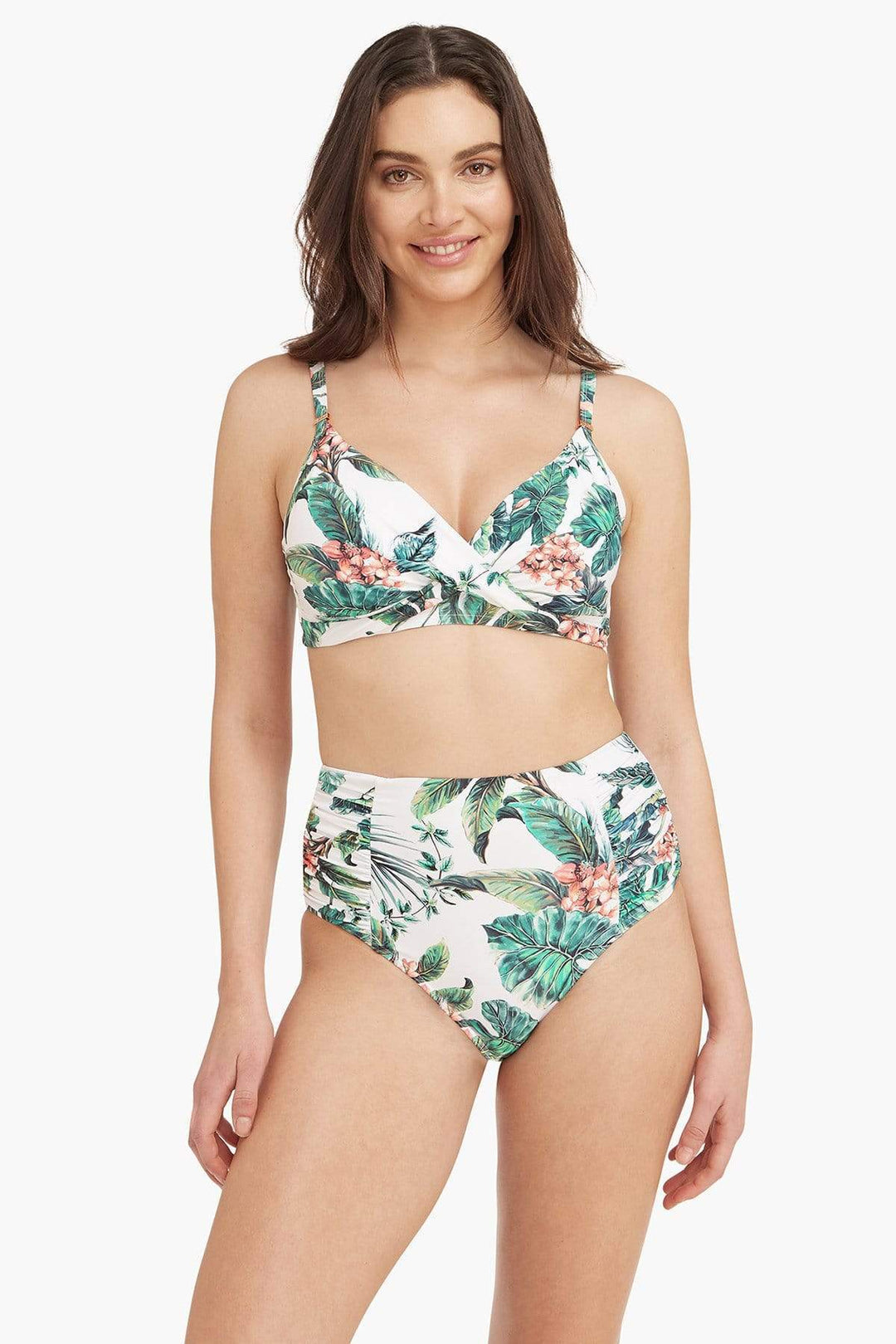 White Tropical Print High Waist Bikini Bottom