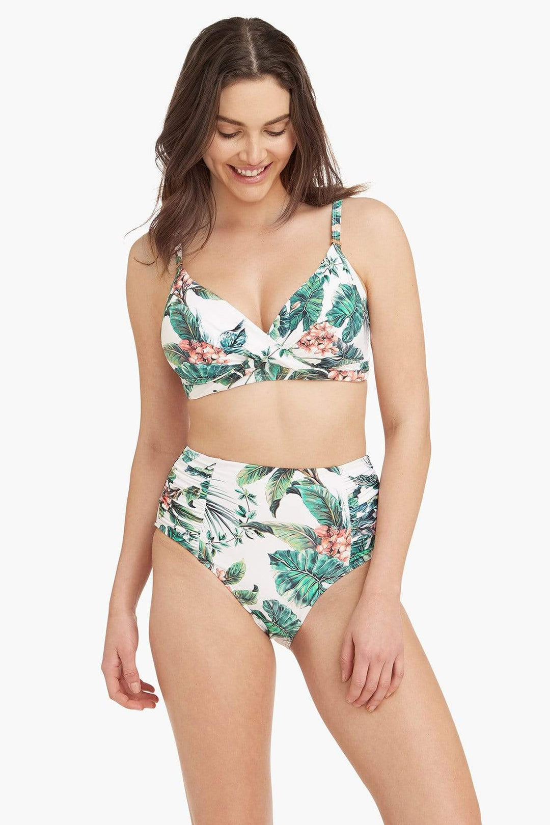 White Tropical Print High Waist Bikini Bottom