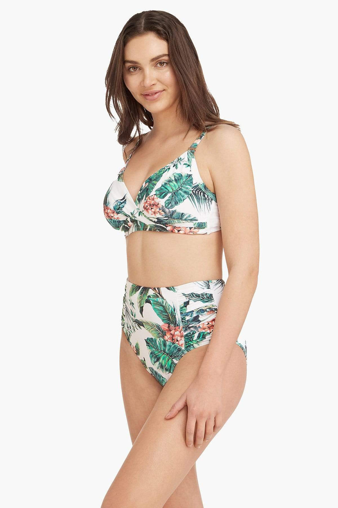 White Tropical Print High Waist Bikini Bottom