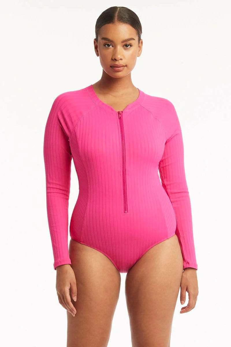 Ribbed Hot Pink Long Sleeve One Piece