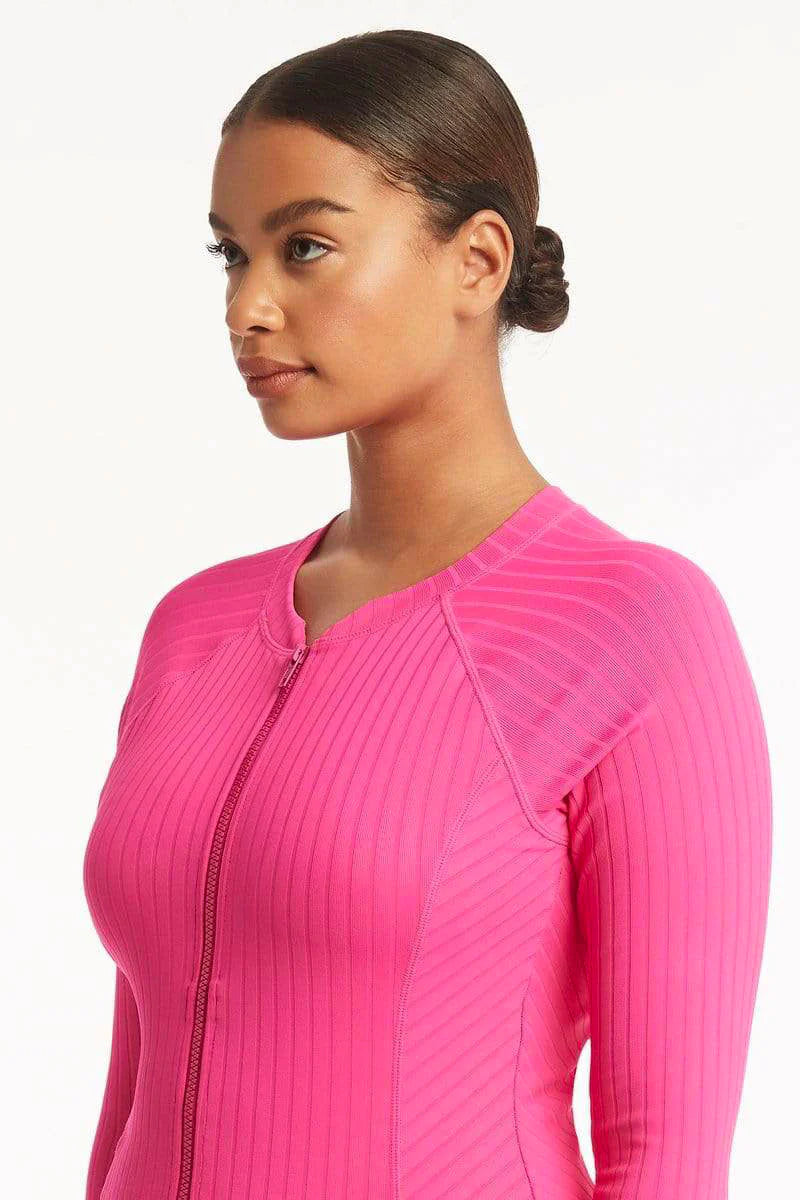 Ribbed Hot Pink Long Sleeve One Piece